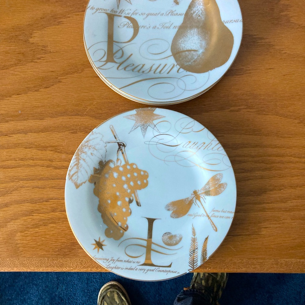 Pottery barn, 2 laughter and 2 pleasure dessert/appetizer plates, gold design